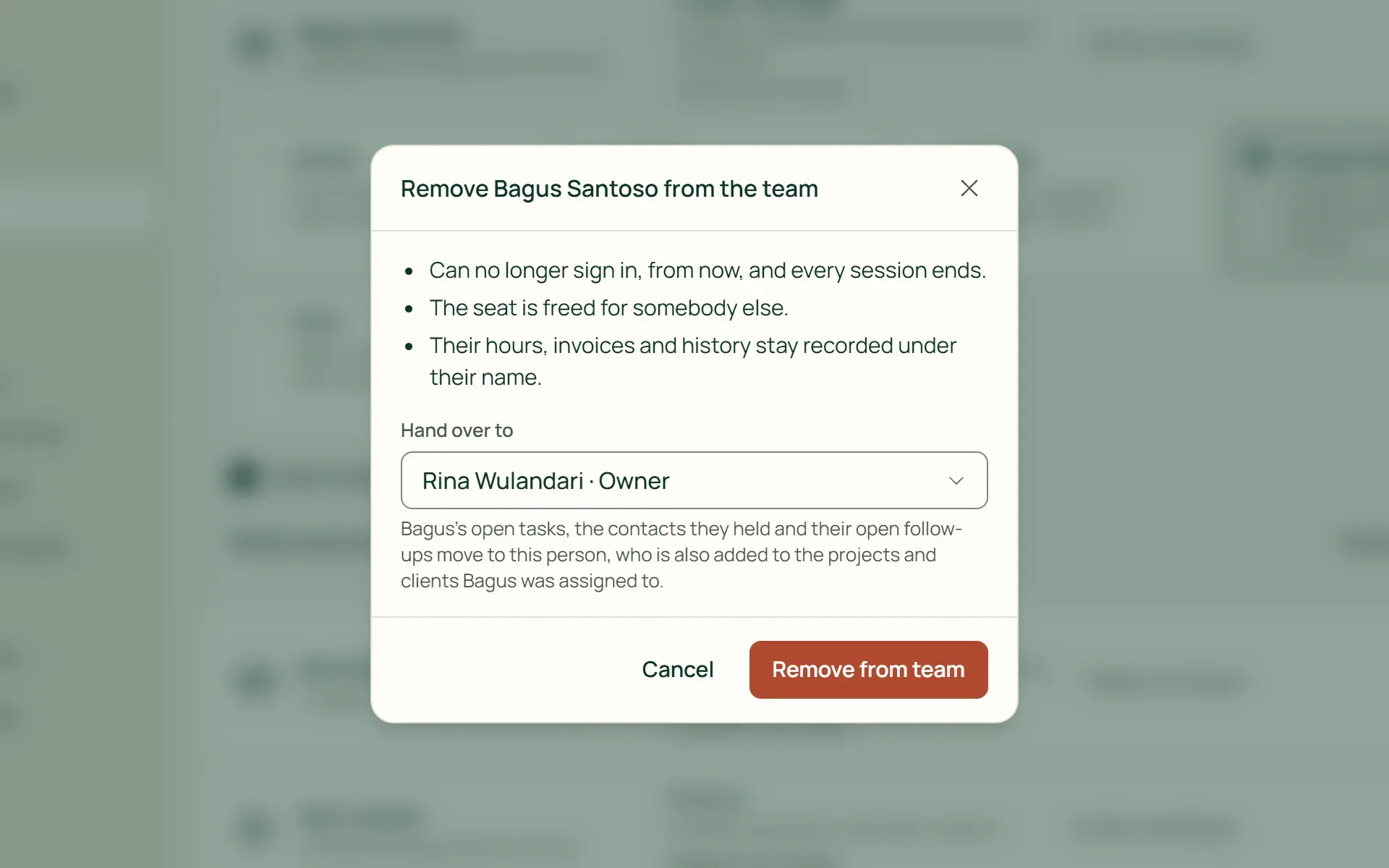 The remove from team dialog in Tumra: tasks, contacts, and follow-ups move to the chosen successor.