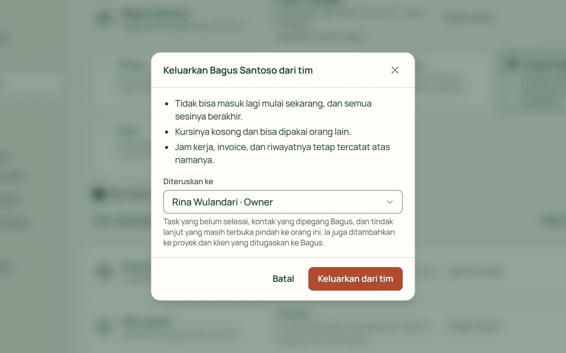 Dialog keluarkan dari tim di Tumra: task, kontak, dan tindak lanjut pindah ke penerus yang dipilih.