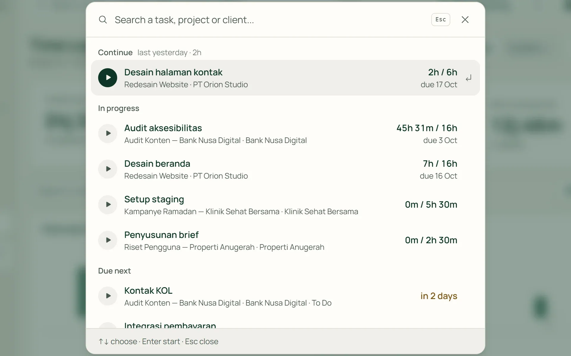 The task picker in Tumra for starting a timer, with recent tasks and the nearest deadlines.