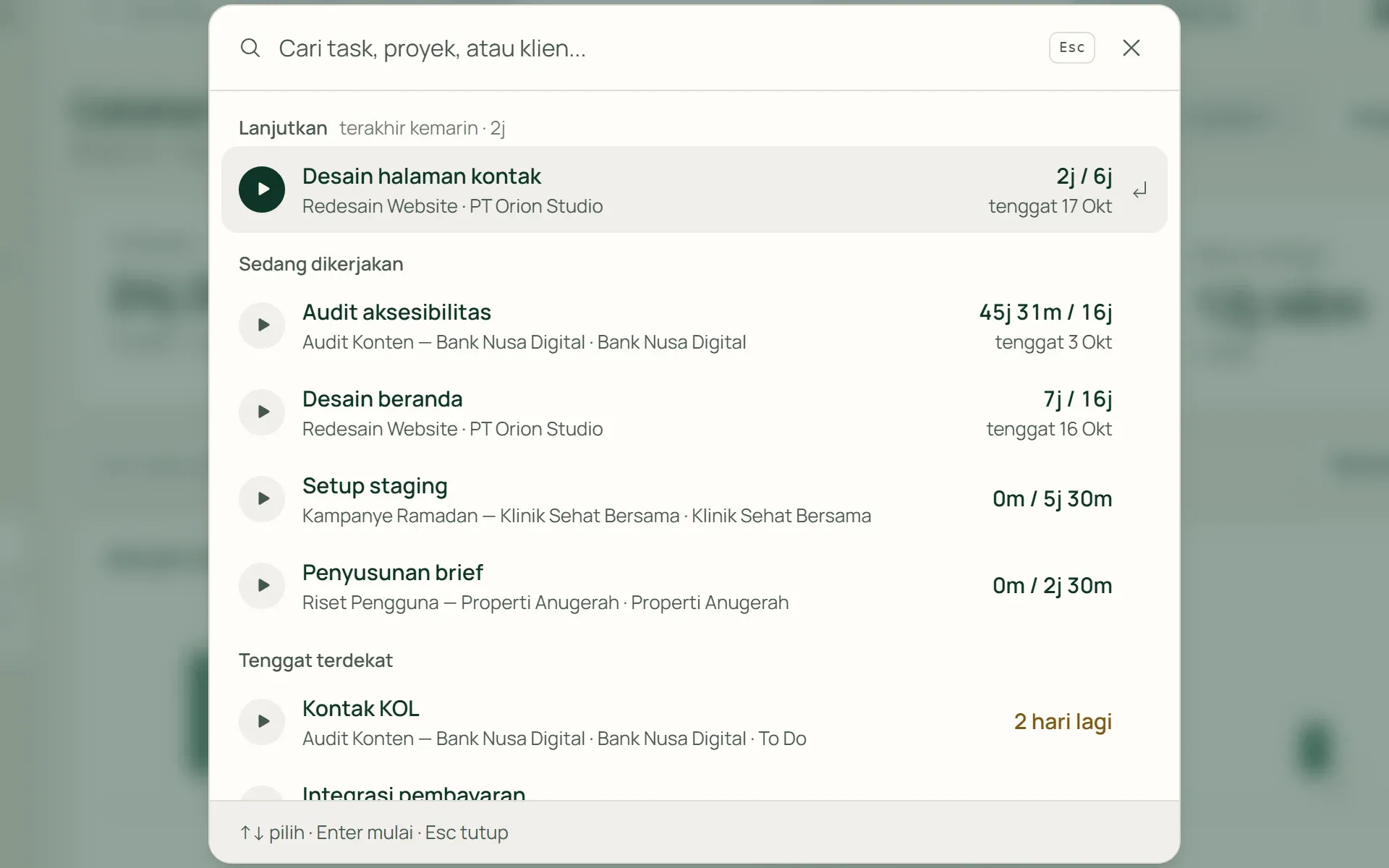 Pemilih task di Tumra untuk memulai timer, berisi task terakhir dan tenggat terdekat.