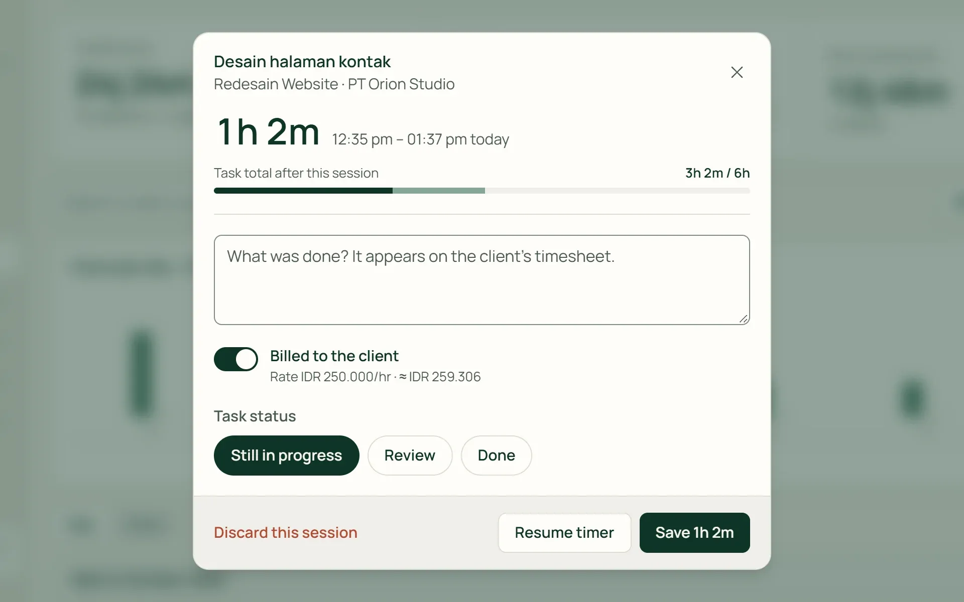 The stop-timer dialog in Tumra with a note, a bill-to-client option, and the task status.