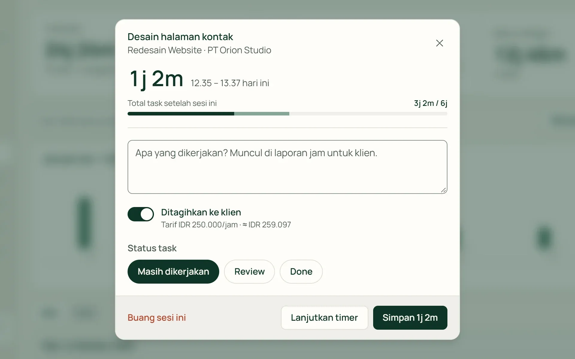 Dialog menghentikan timer di Tumra dengan catatan, pilihan ditagihkan ke klien, dan status task.