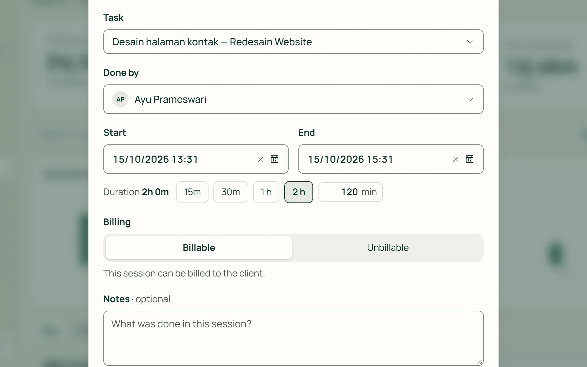 The manual work session form in Tumra with quick duration choices.