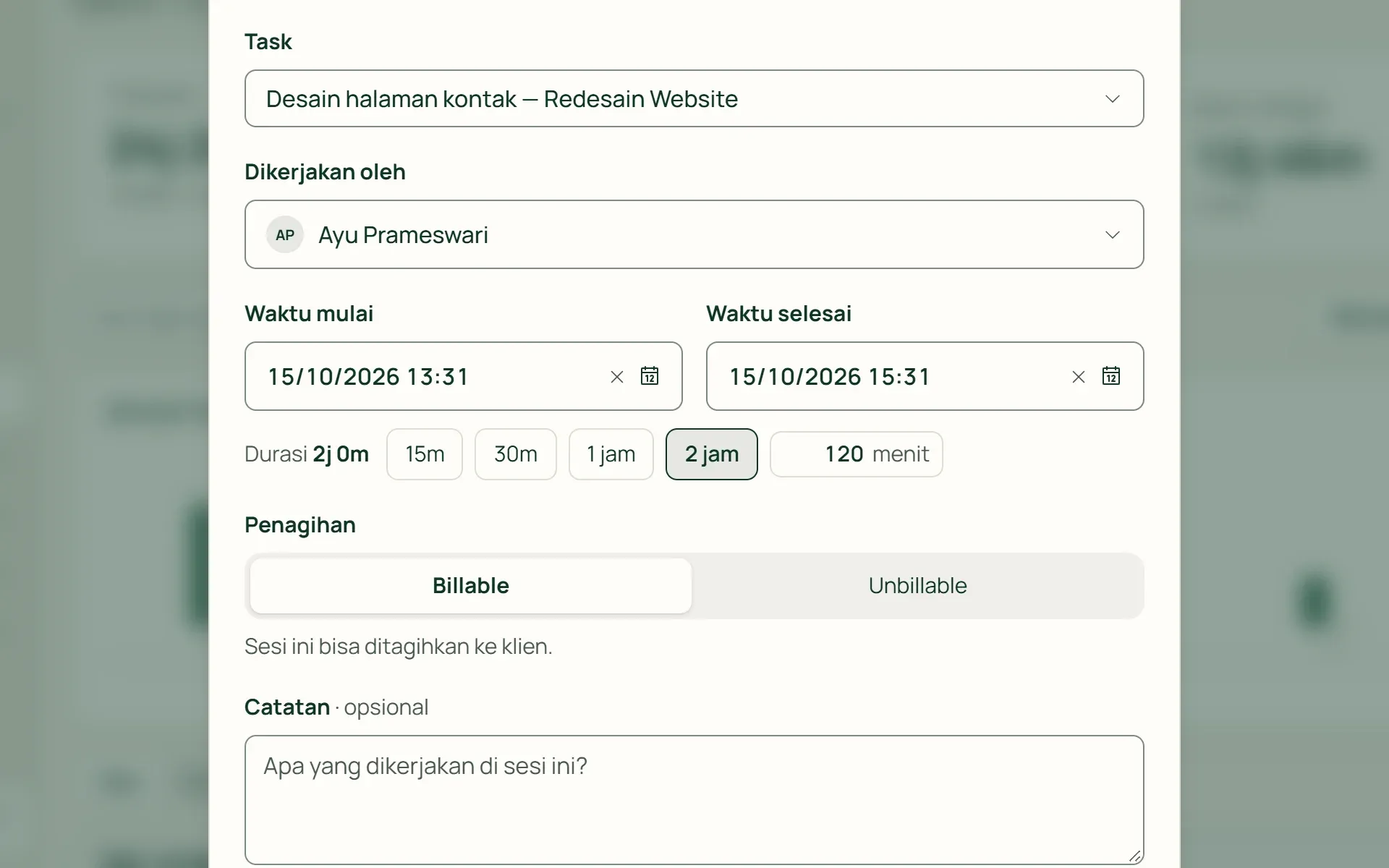 Form catat sesi kerja manual di Tumra dengan pilihan durasi cepat.