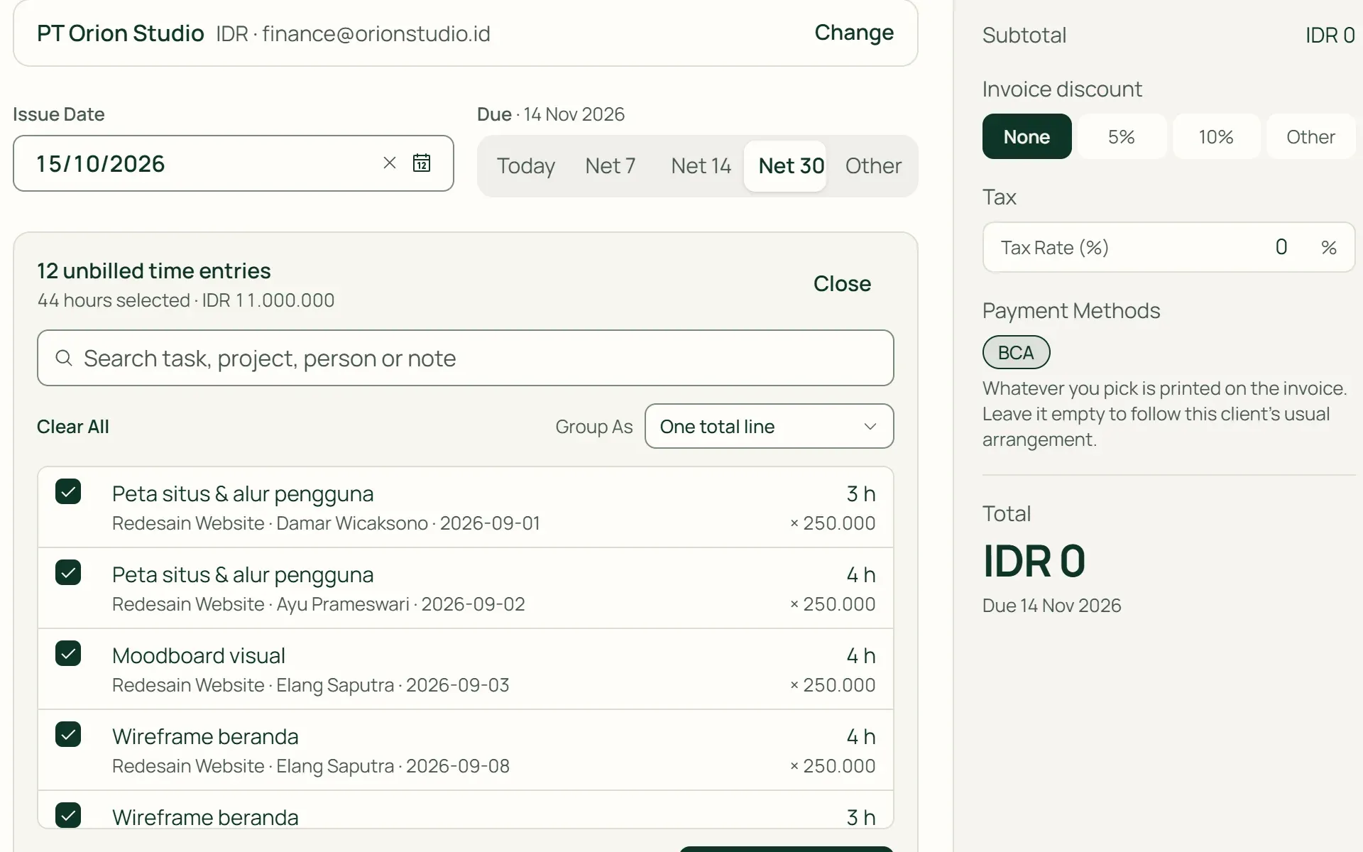 Choosing 44 unbilled hours to turn into one invoice line in Tumra.