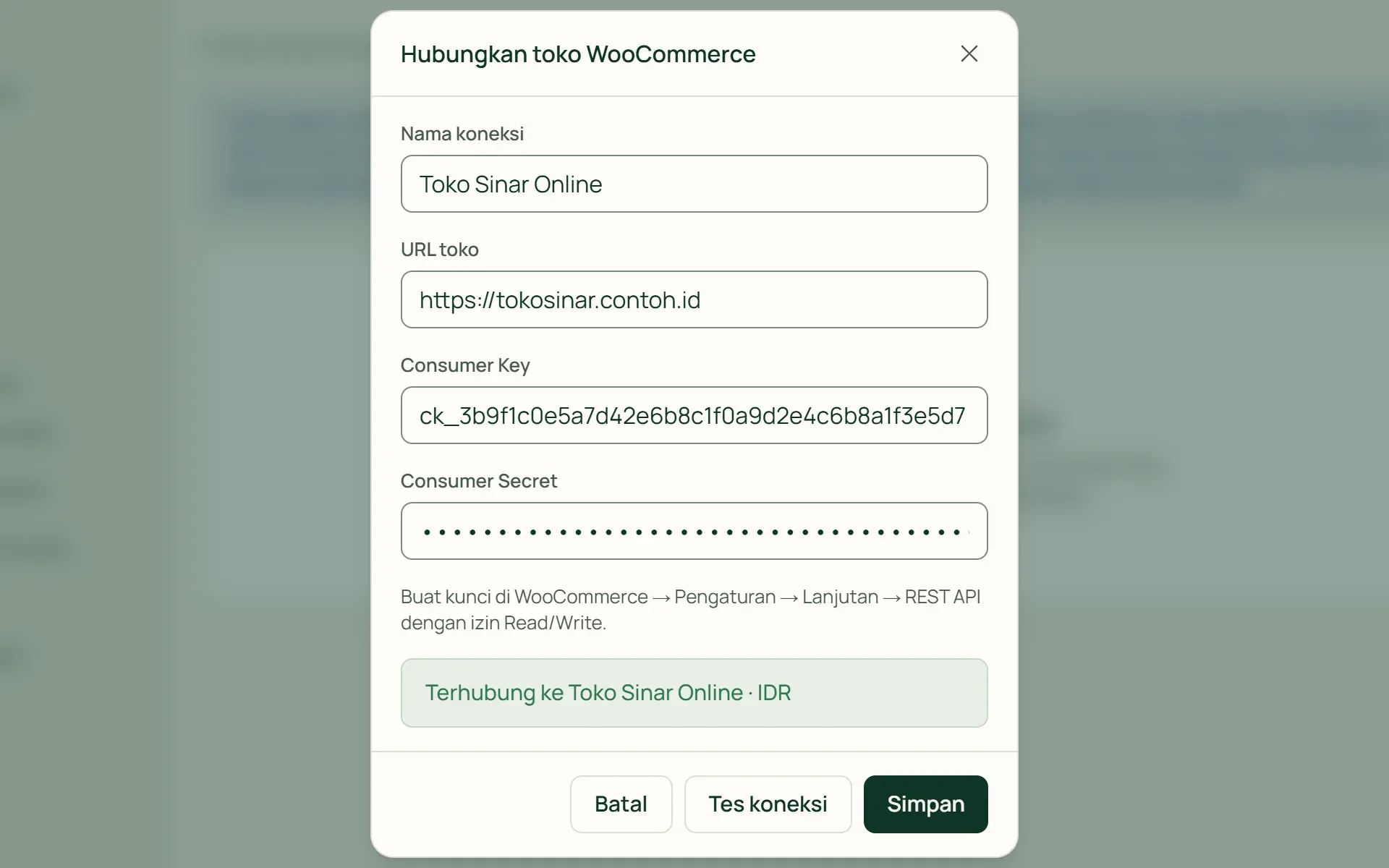 Menghubungkan toko WooCommerce ke Tumra dengan Consumer Key berizin Read/Write.