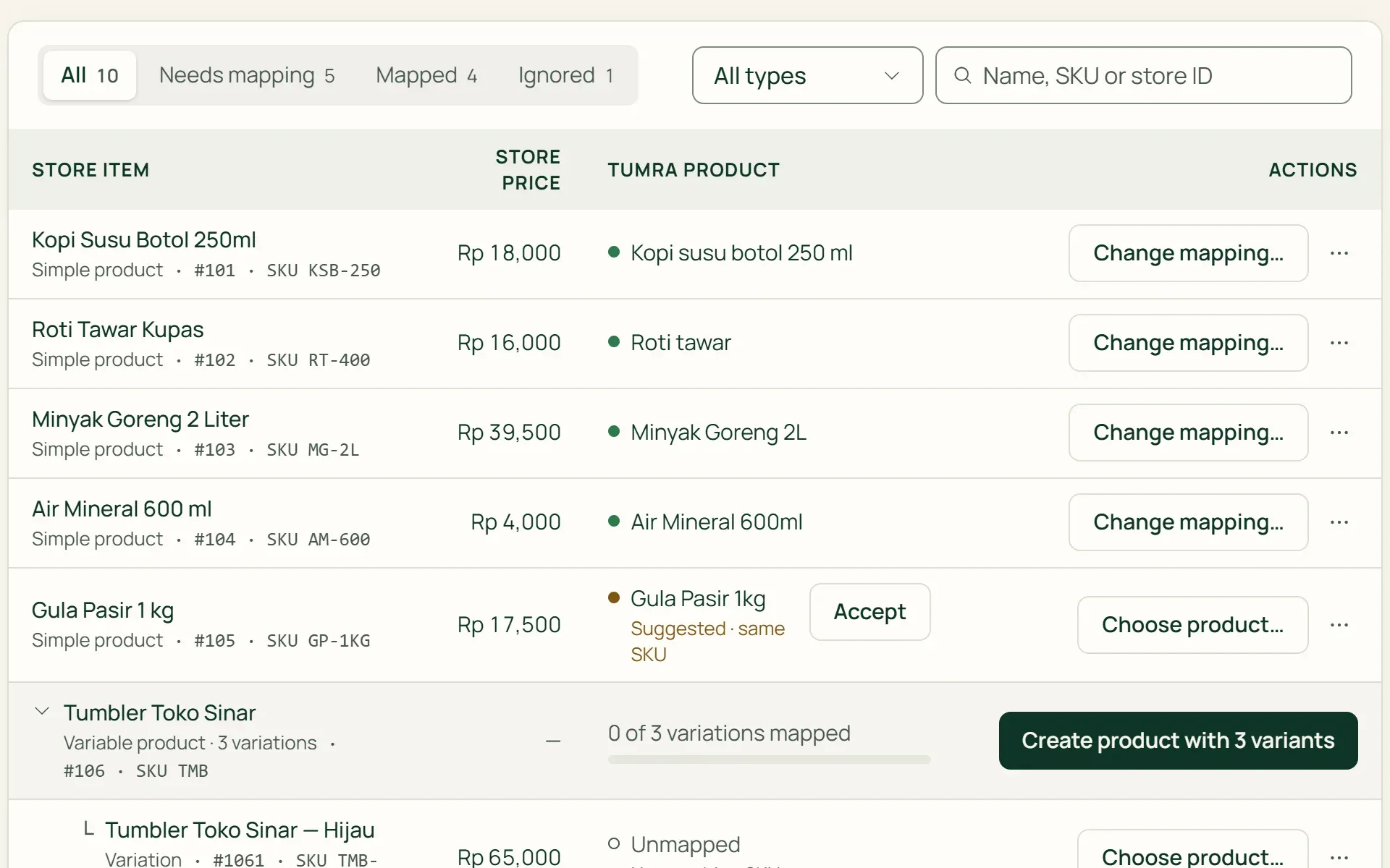 The WooCommerce catalog in Tumra: products and variations with their mapping status.