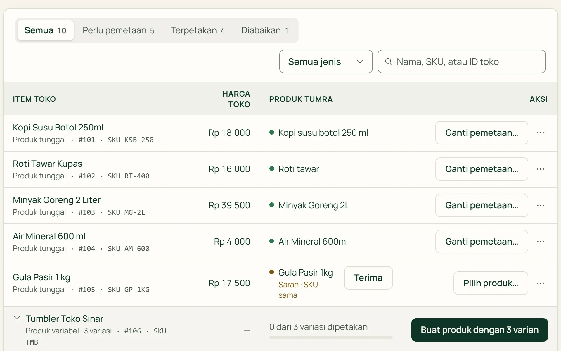 Katalog WooCommerce di Tumra: produk dan variasi dengan status pemetaannya.