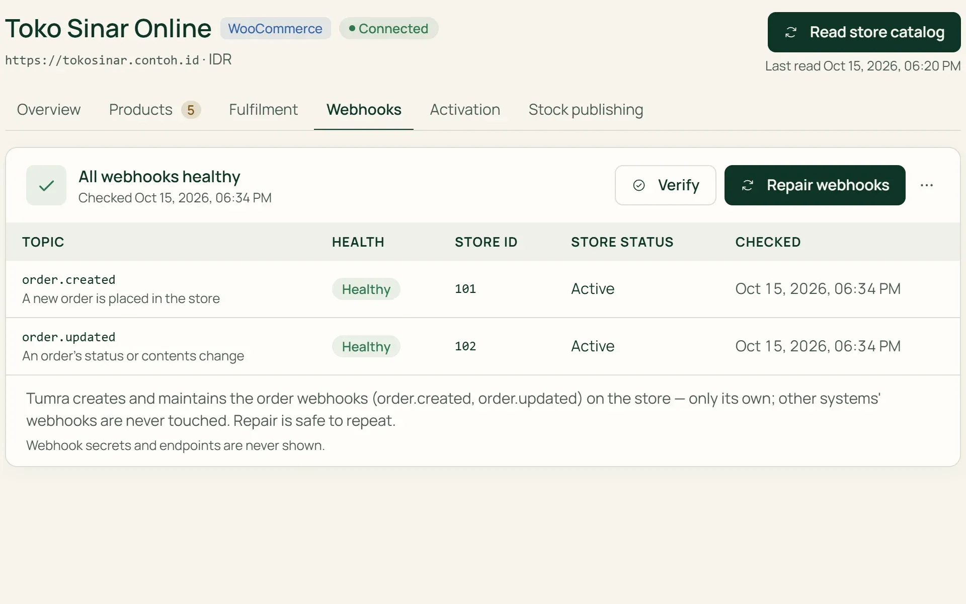 The order webhooks Tumra sets up in WooCommerce, with their health status.
