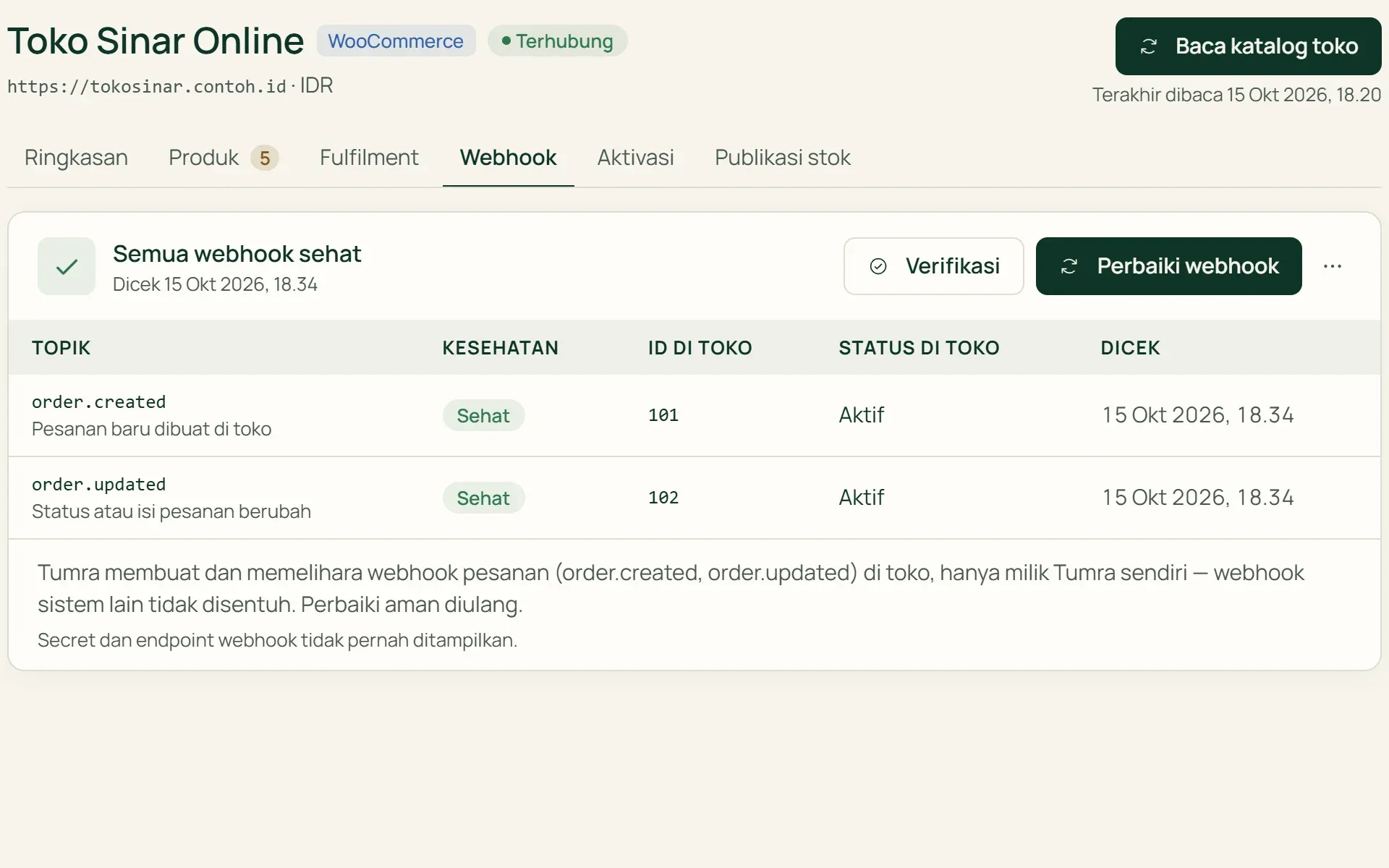 Webhook pesanan yang dipasang Tumra di WooCommerce, lengkap dengan status kesehatannya.