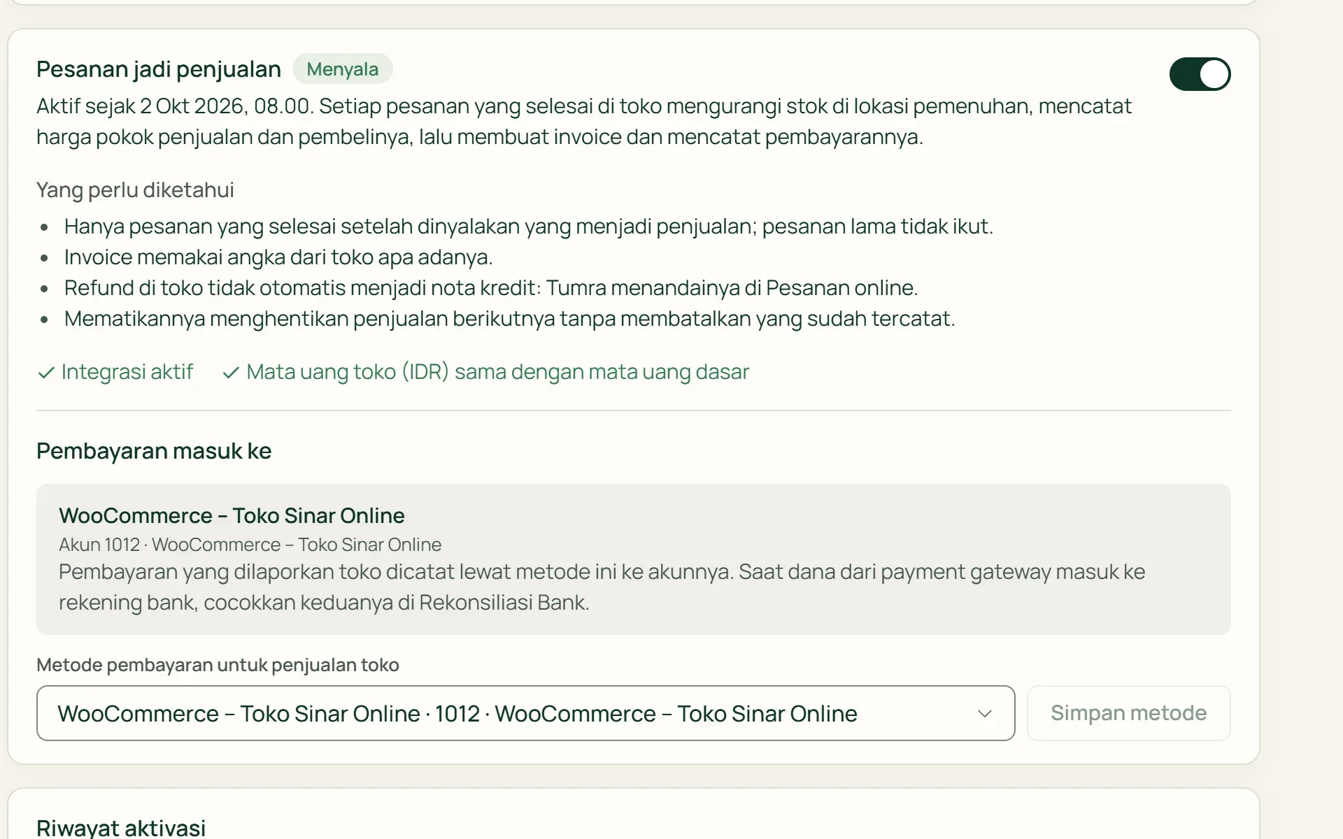 Saklar Pesanan jadi penjualan dan akun tempat pembayaran toko WooCommerce dicatat.