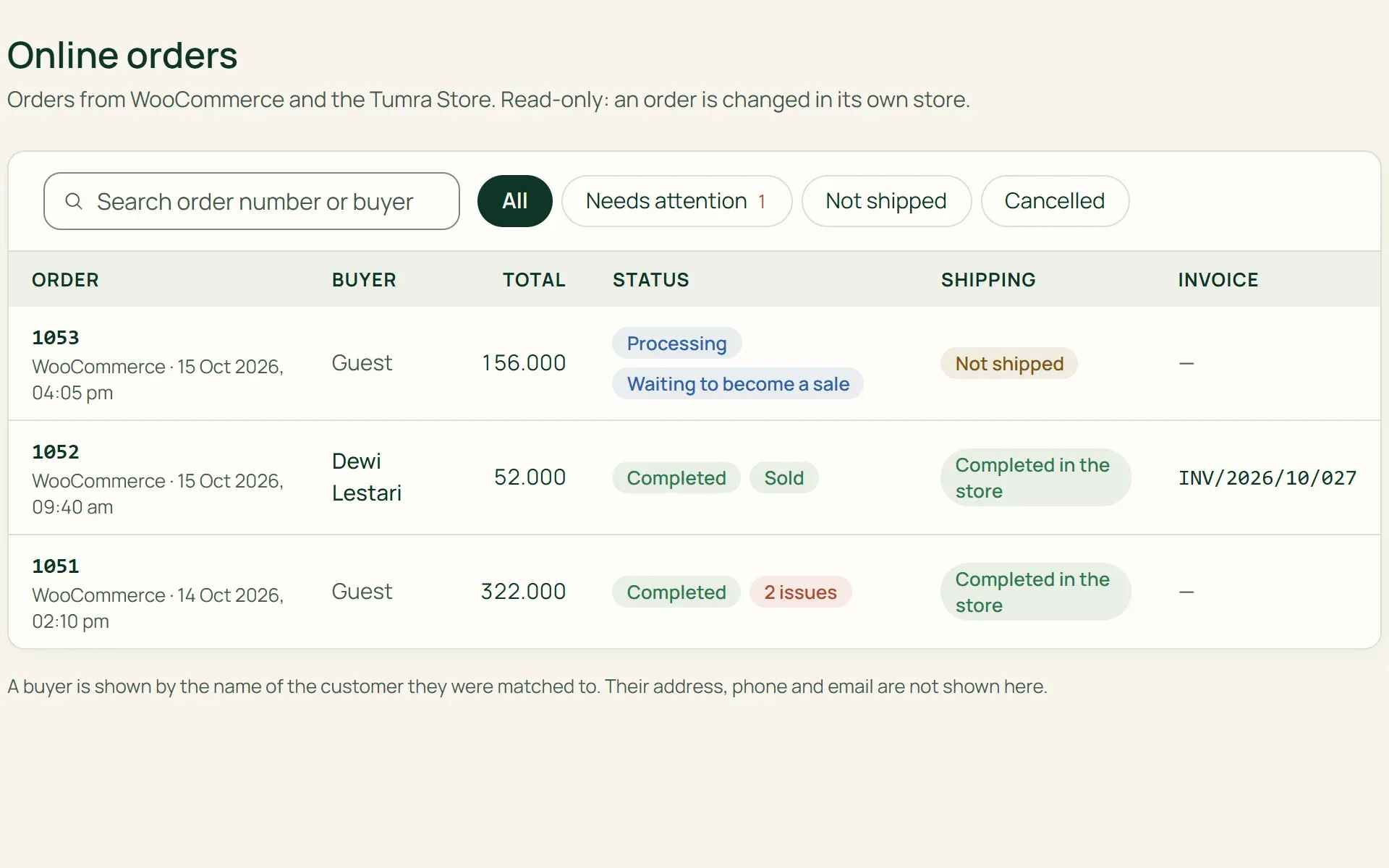 WooCommerce online orders in Tumra, with the sale status of each order.