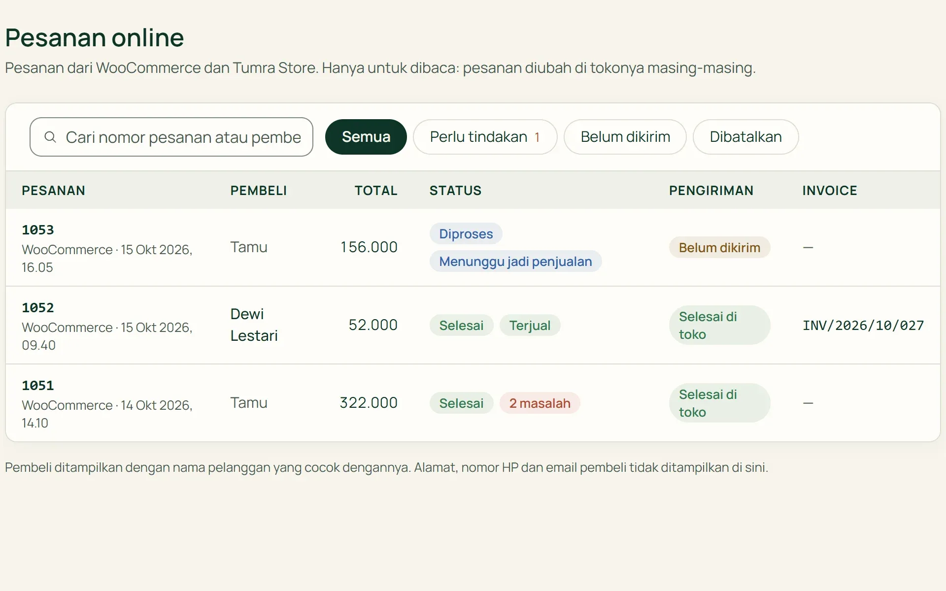 Pesanan online dari WooCommerce di Tumra, dengan status penjualan setiap pesanan.